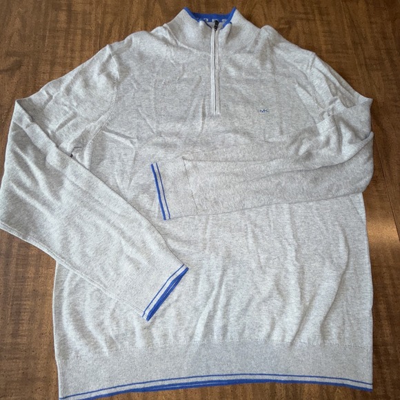 Michael Kors Mens Long Sleeve Pullover Knit Sweater Grey 1/4 Zip Blue Size XL - Picture 1 of 6